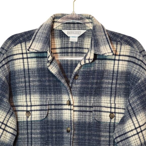 Lands End Plaid Wool Blend Shacket Blue White Button Down Size S Cozy Fall - Picture 2 of 13